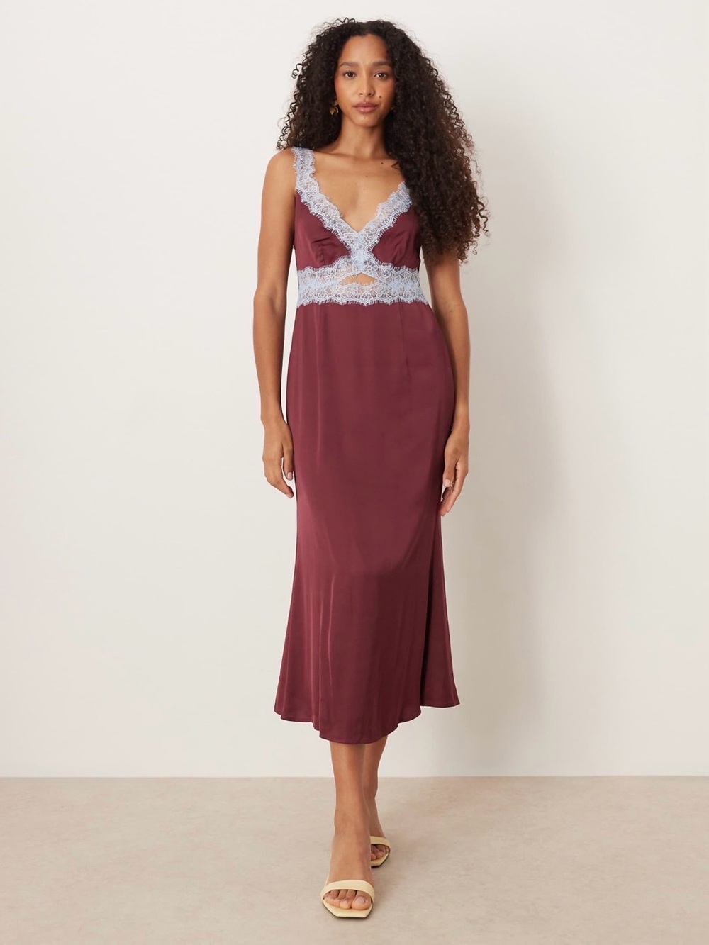 NWT Never Fully Dressed Mimi Contrast Lace Trim Satin Midi Dress Burgundy/Blue